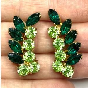 Vintage Earrings Uranium Glass Green Rhinestone Climber Vtg Costume Jewelry